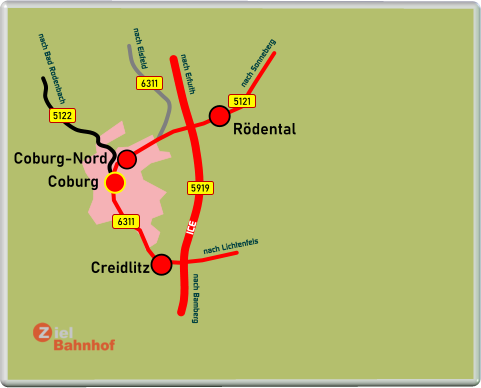 Coburg Creidlitz Coburg-Nord Rödental 5122 6311 5121 5919 6311 nach Sonneberg nach Eisfeld nach Erfurth nach Bamberg nach Lichtenfels nach Bad Rodenbach ICE