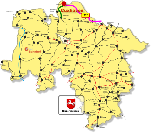 Börßum Neuekrug- Hahausen Oker Oldenburg Verden Hildesheim Wolfsburg Hannover Celle Uelzen Lüneburg Braunschweig Helmstedt Göttingen Nienburg Bremen Delmenhorst Osnabrück Eichenberg Bodenfelde Nordheim Kreiensen Einbeck Juliusmühle Seesen Herzberg Hameln Bad Harzburg Vienenburg Leer Westerstede- Ocholt Ihrhove Friesoythe Sedelsberg Emden Hude Hesepe Essen Cloppenburg OS-Eversburg Wilhelmshaven Nordenham Salzbergen Meppen Nordhorn Bad Bentheim Sande Esens Aurich Dornum Norddeich Mole Norden Bremerhaven Bremerhaven Seehafen Bremervörde Buxtehude Stade Maschen Hützel Winsen Niedermarschacht Achterdeich Cuxhaven Osterholz- Scharmbeck Buchholz Tostedt Zeven Rotenburg (Wümme) Uchte Sullingen Barenburg Diepholz Soltau Stemmen Eystrup Asendorf Syke Walsrode Hollige Haste Wunsdorf Lehrte Fallersleben Nordstemmen Weetzen Gifhorn Salzgitter- Ringelheim Salzgitter-Bad Schöppenstedt Wieren Wittingen Dannenberg Ost 1720 Niedersachsen Cuxhaven